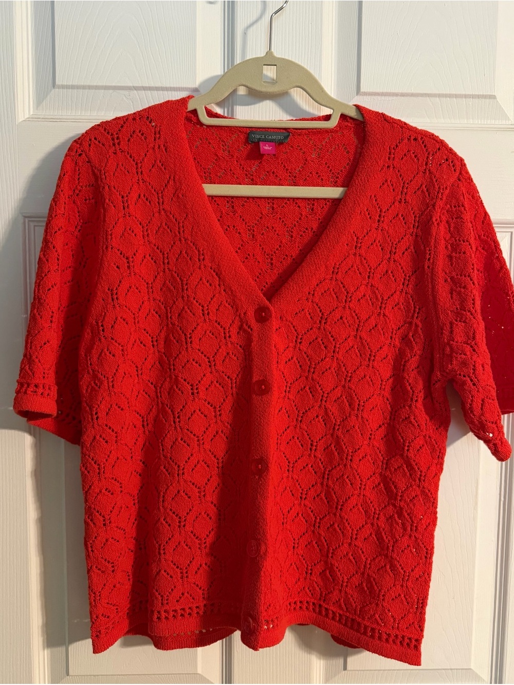 Vince Camuto Bright Red Openwork V-Neck Button Cardigan